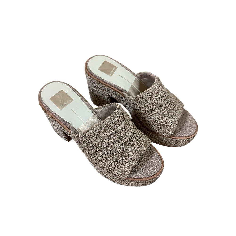 Dolce Vita Ladin Platform Sandals 9 Beige Crochet Block Heel Slide 90s Y2K Boho